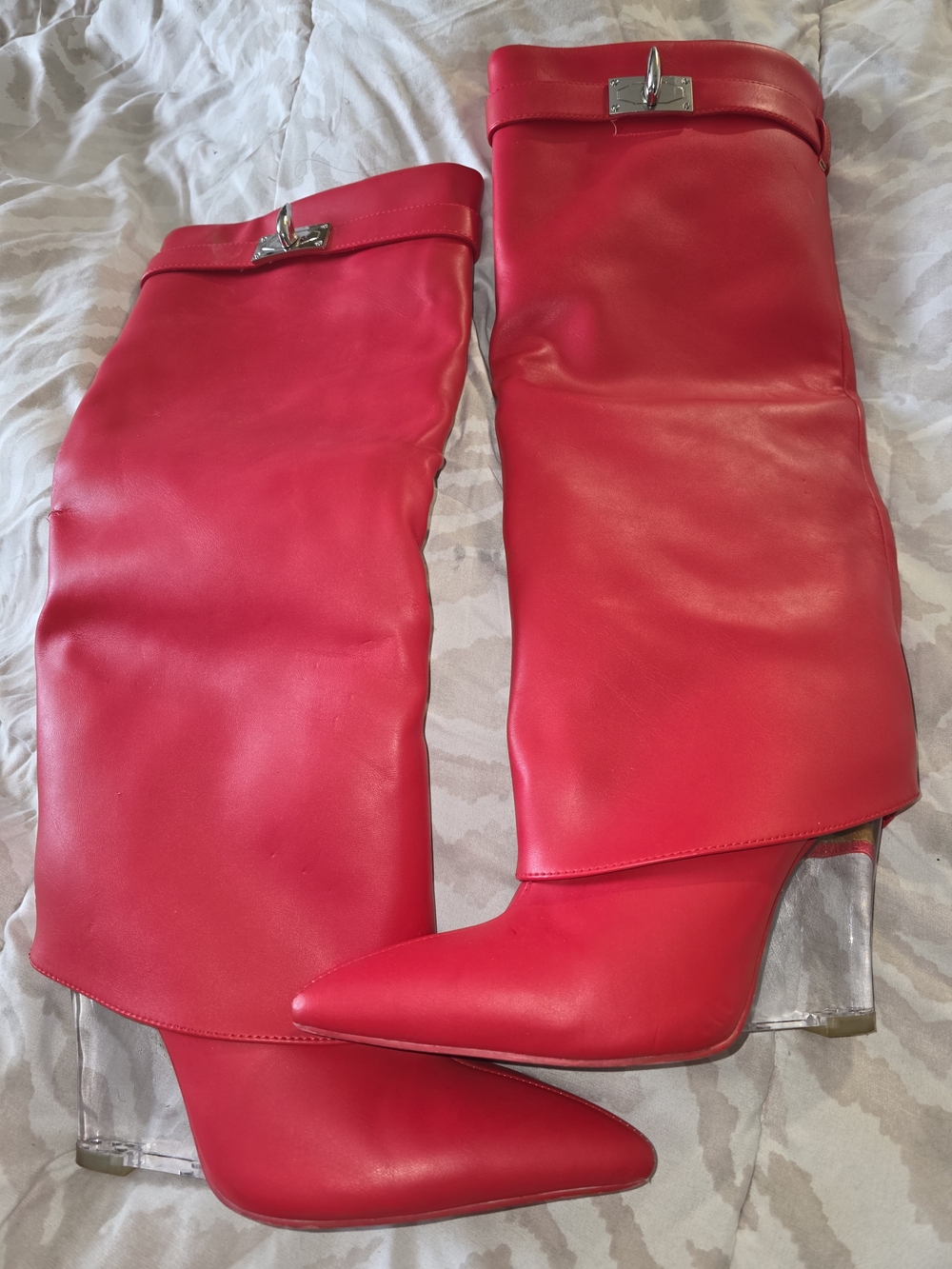 Women's Tall Red Pointed-Toe Boots with Clear Wedge Heel